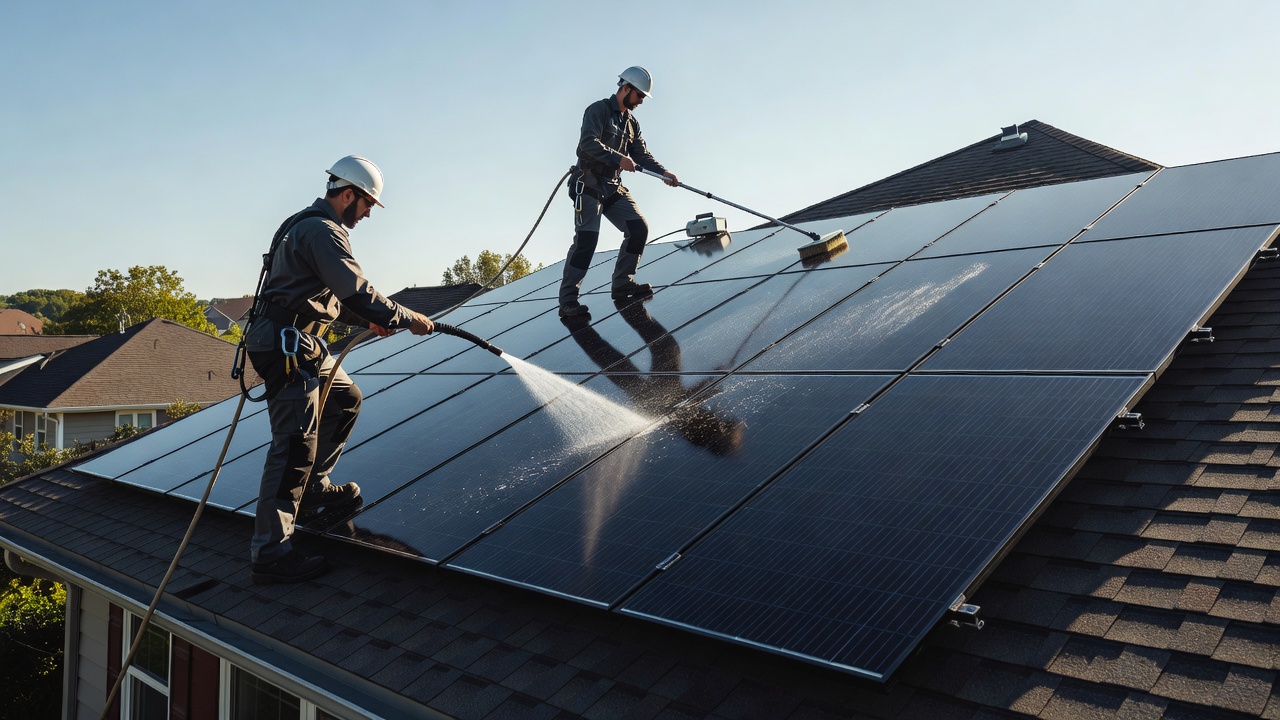 Professional cleaning of residential rooftop solar panels