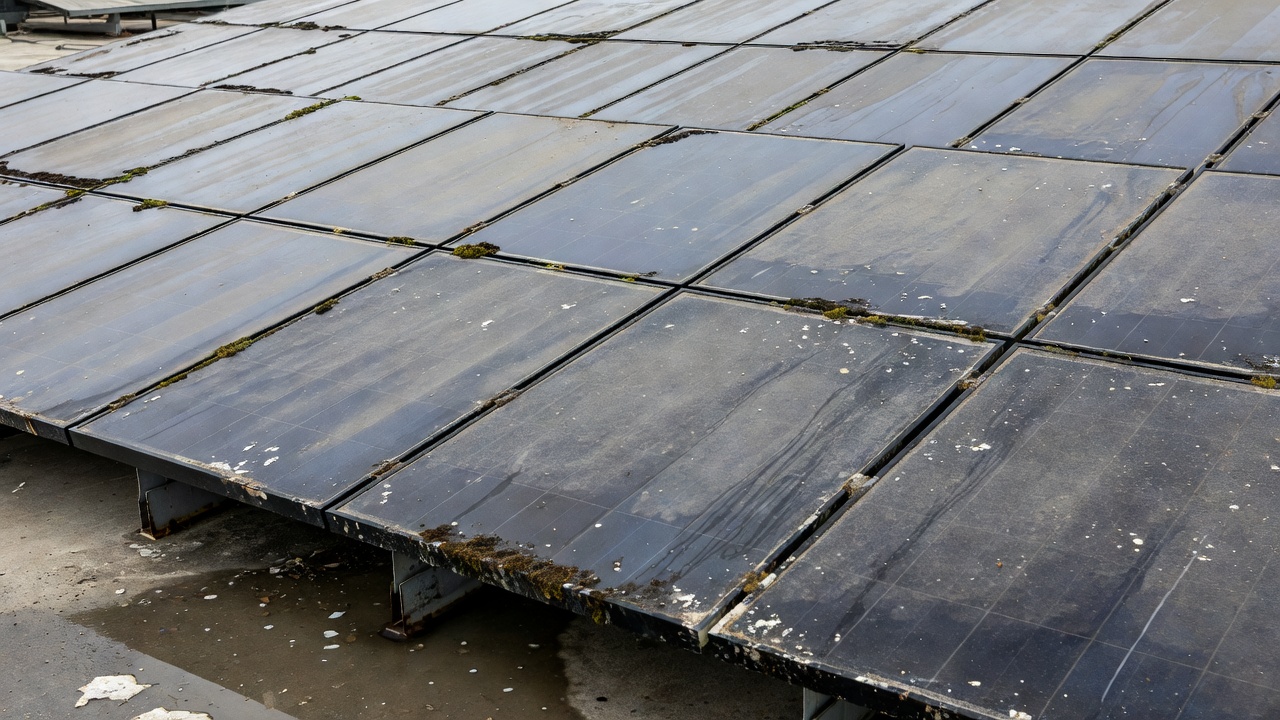Uncleaned solar panels with environmental buildup